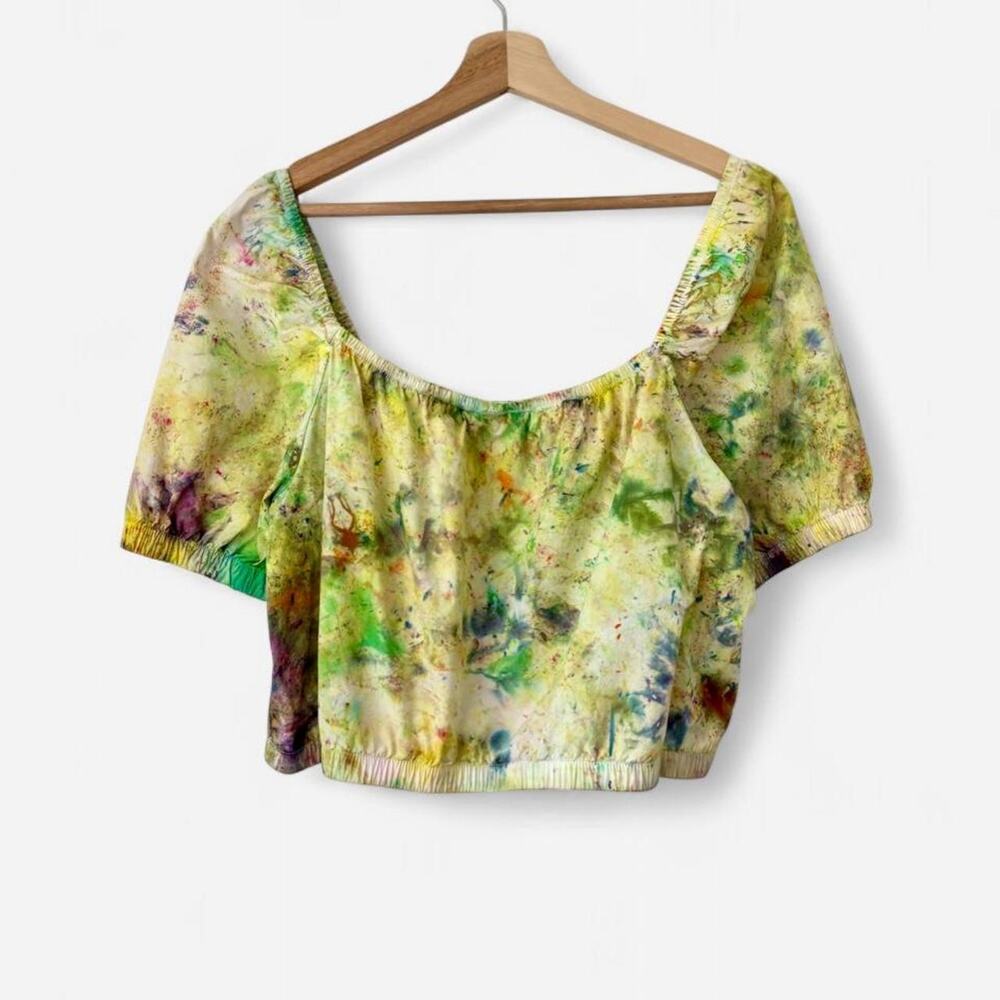 $128 NWT OOAK Upcycled Handmade Hand Dyed Puff Sleeve Crop Top- Size Large - Picture 4 of 4